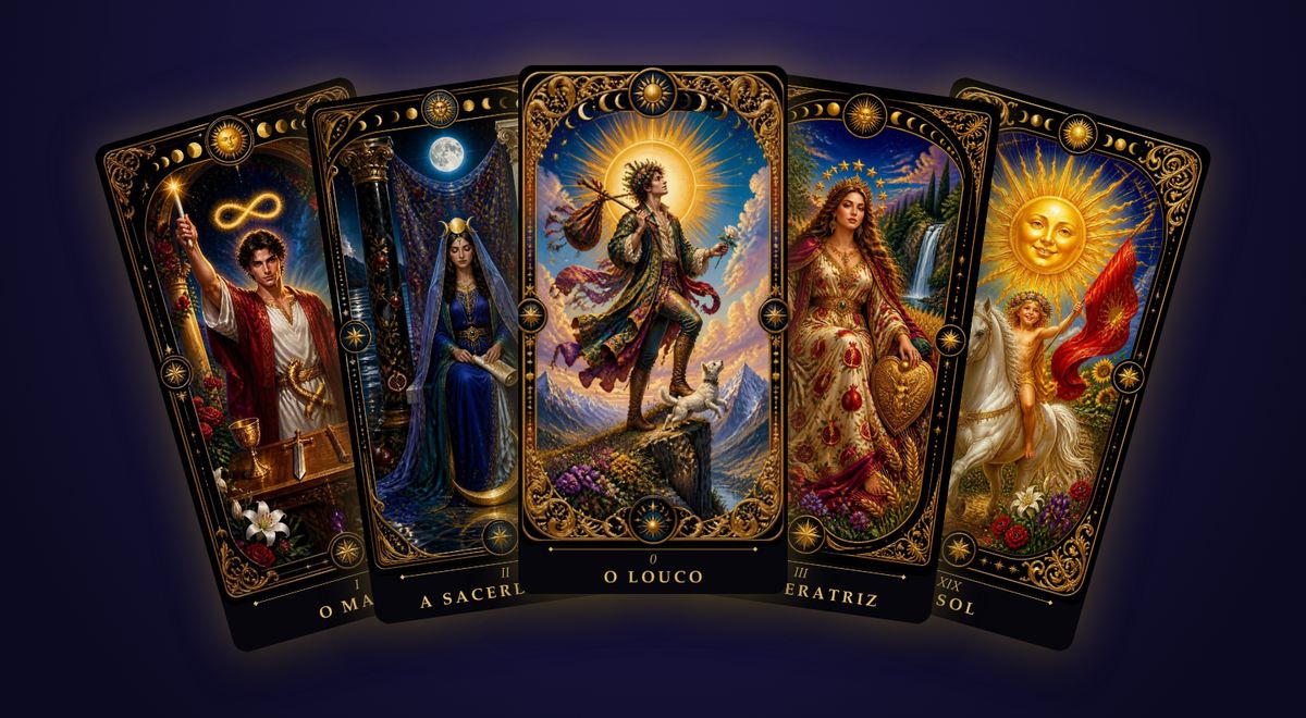 Cinco cartas de tarô ilustradas em leque