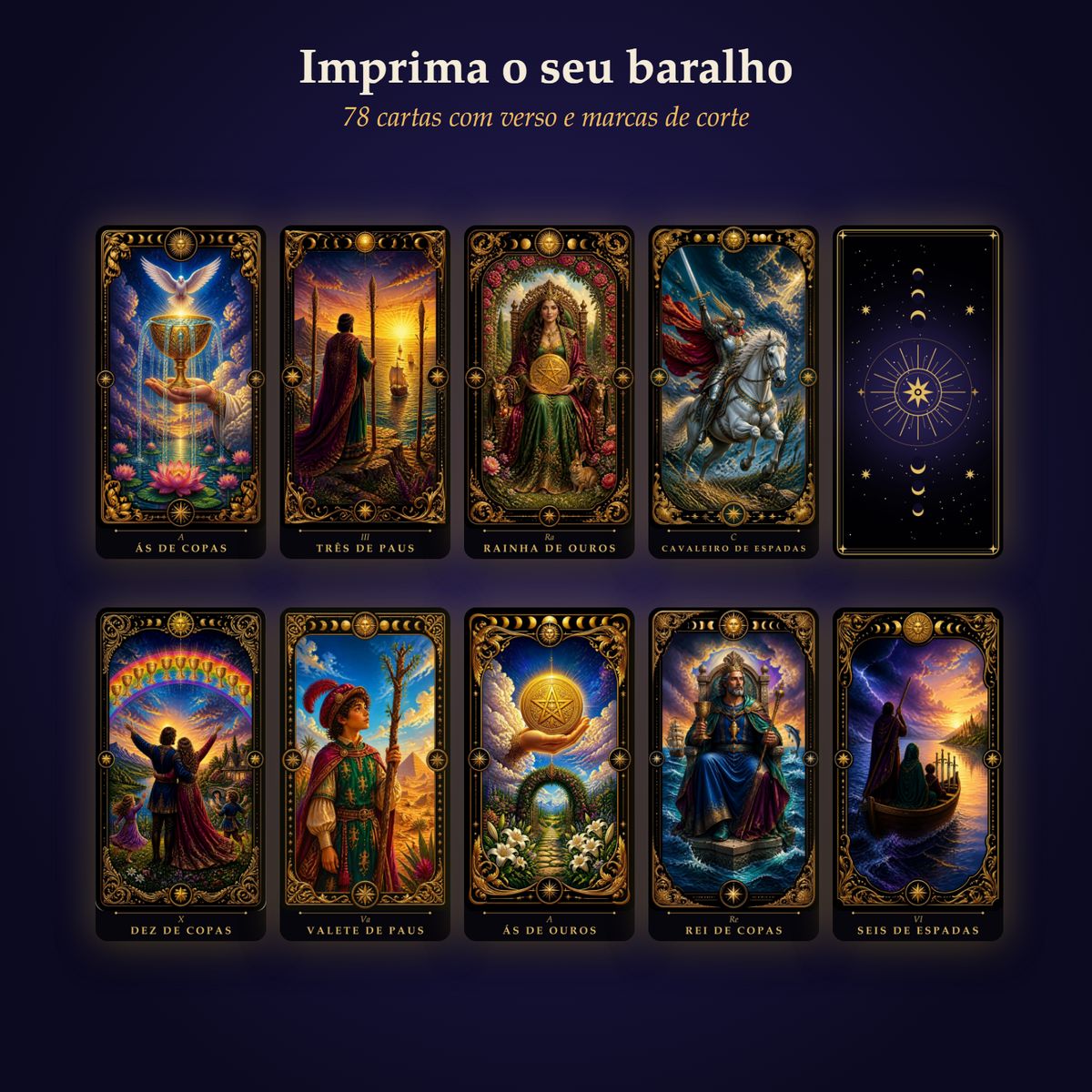 Cartas de tarô impressas com o verso dourado